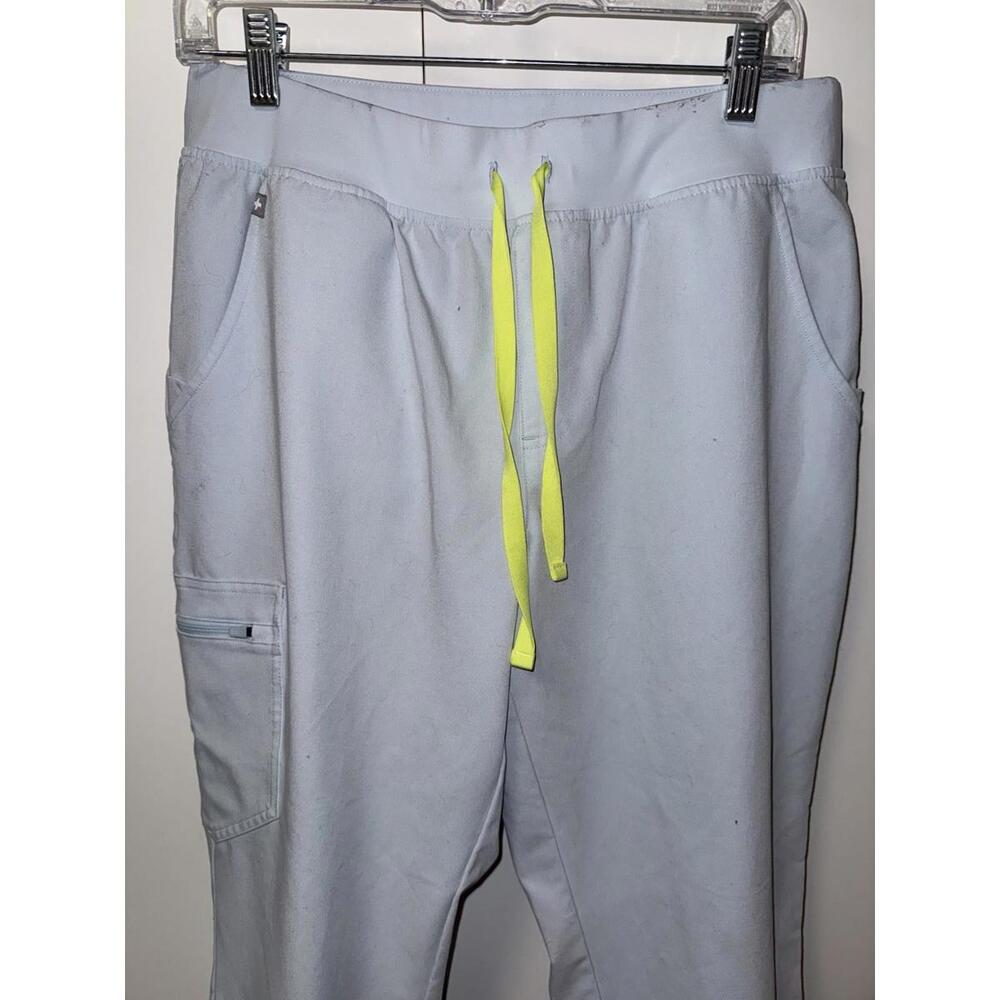 FIGS Zamora Jogger scrub pants Sz L Technical Blue Slate Yellow Drawstrings Flaw - Picture 2 of 9